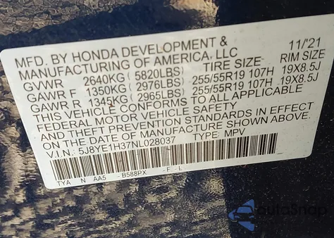 2022 Acura Mdx Standard из США, поврежденный, VIN 5J8YE1H37NL028037